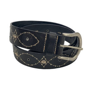 Fossil Women's Belt Black Leather Embossed Embroidered Sequin Silver Buckle M